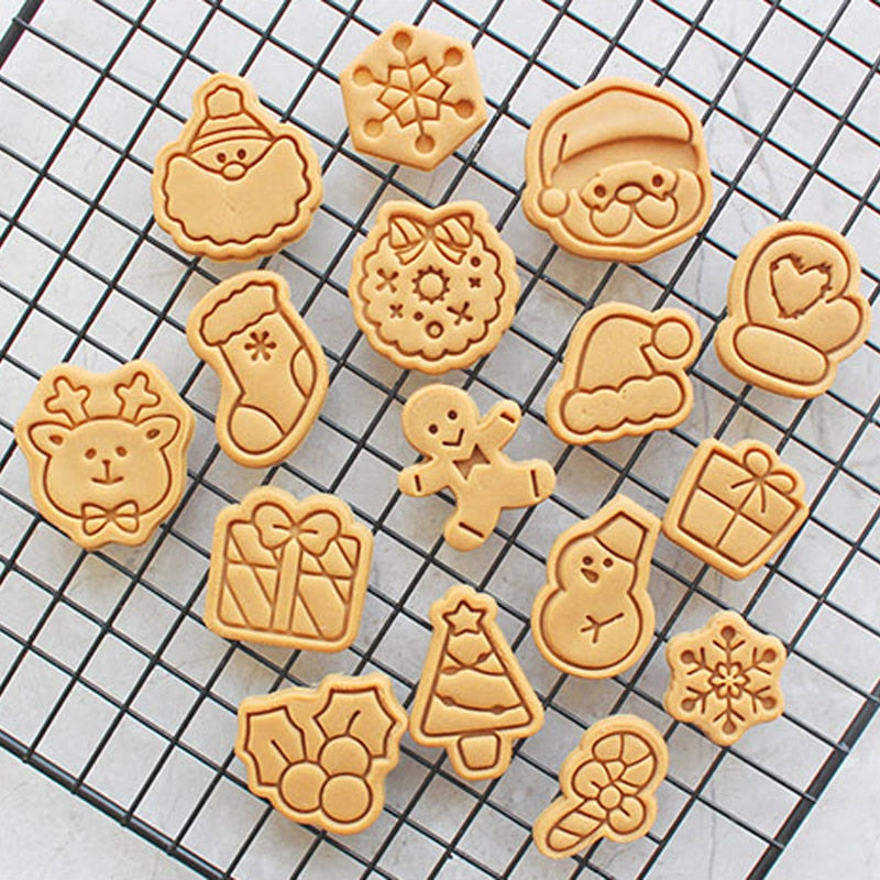 10Pcs/set Mini Cartoon Christmas Cookie Embosser Stamp Butter Cookie Cutter Fondant Cake Decorating Tools Party Baking Supplies