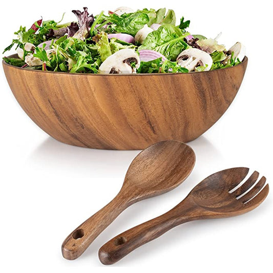 Acacia Wooden Salad Bowl, Solid Hardwood Salad Mixing Bowl Set, Wood Serving Bowl Spoon Fork for Fruits Vegetables Decoration