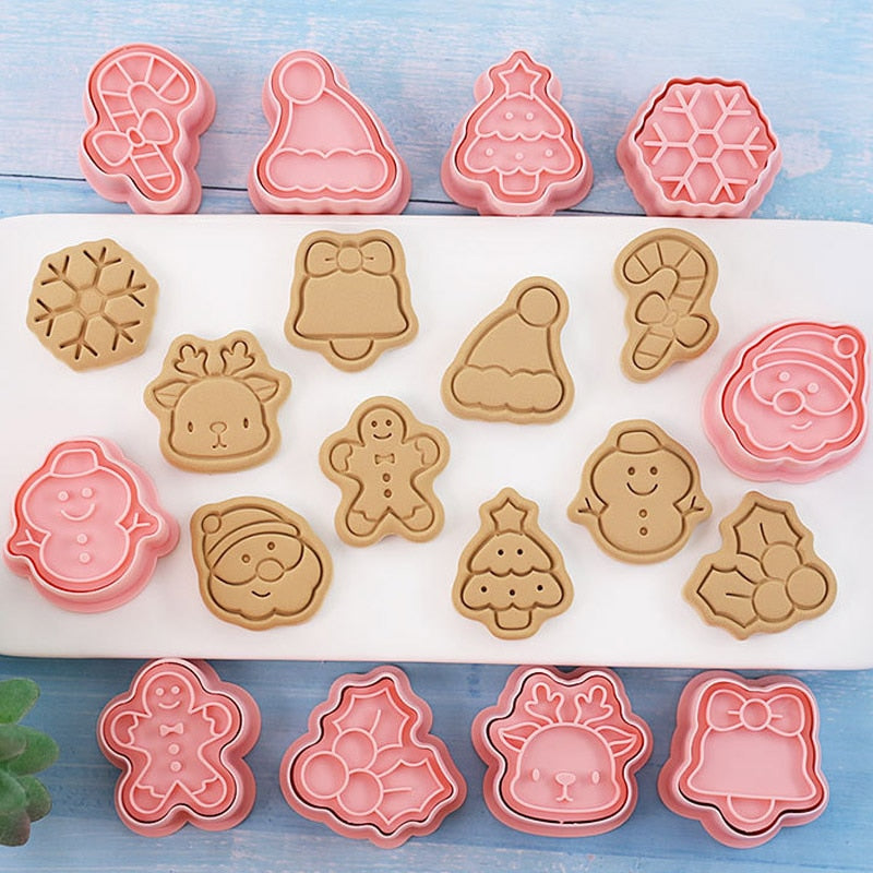 10Pcs/set Mini Cartoon Christmas Cookie Embosser Stamp Butter Cookie Cutter Fondant Cake Decorating Tools Party Baking Supplies