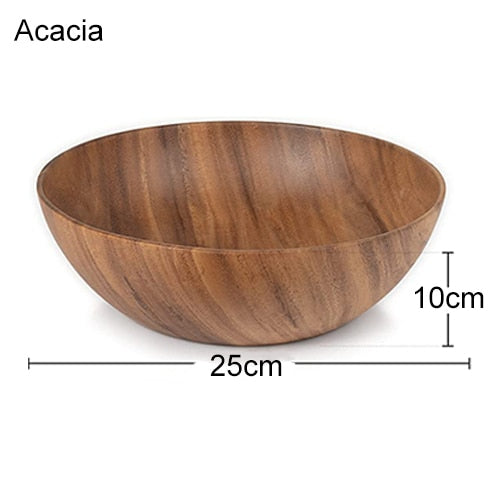 Acacia Wooden Salad Bowl, Solid Hardwood Salad Mixing Bowl Set, Wood Serving Bowl Spoon Fork for Fruits Vegetables Decoration