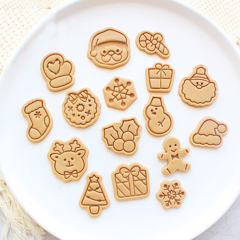 10Pcs/set Mini Cartoon Christmas Cookie Embosser Stamp Butter Cookie Cutter Fondant Cake Decorating Tools Party Baking Supplies