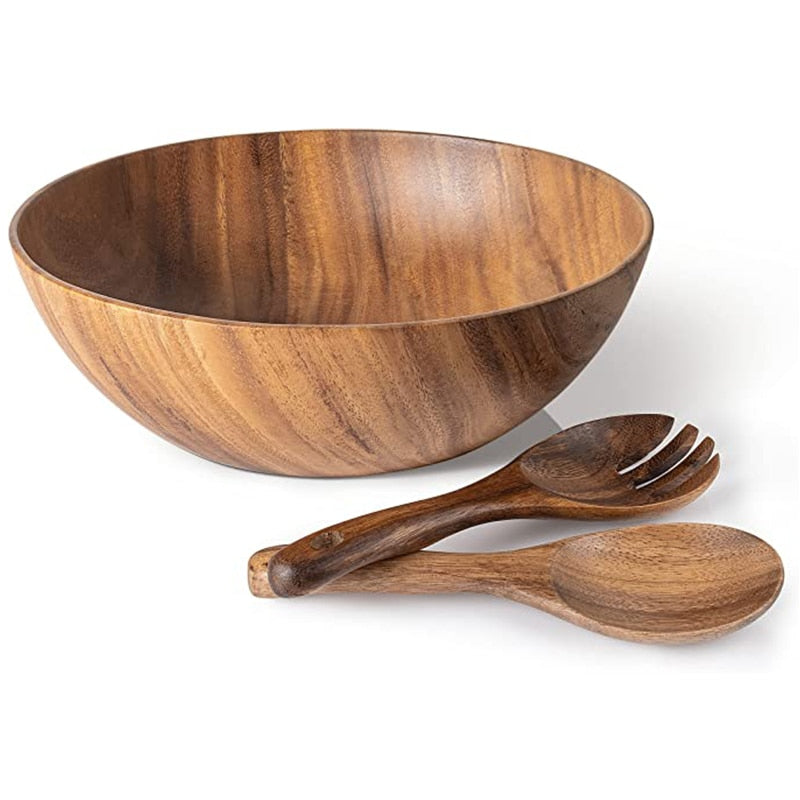 Acacia Wooden Salad Bowl, Solid Hardwood Salad Mixing Bowl Set, Wood Serving Bowl Spoon Fork for Fruits Vegetables Decoration