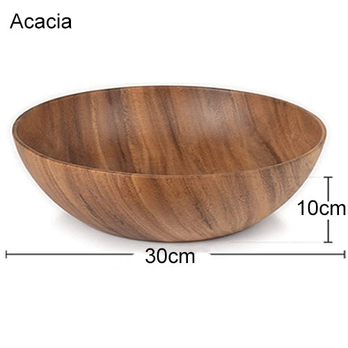 Acacia Wooden Salad Bowl, Solid Hardwood Salad Mixing Bowl Set, Wood Serving Bowl Spoon Fork for Fruits Vegetables Decoration